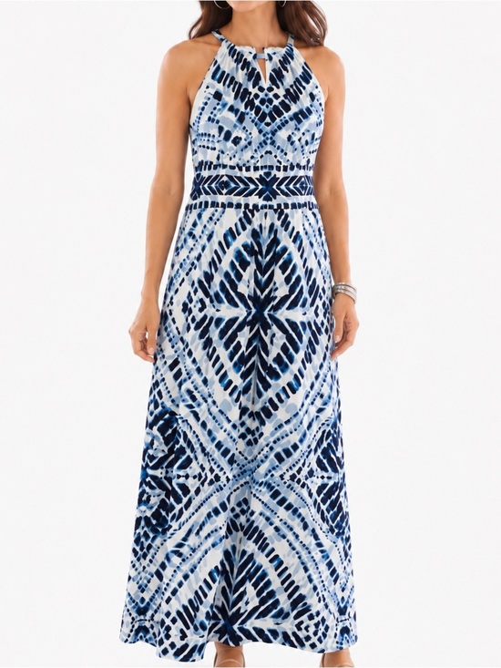 Chico's Dresses & Skirts - Chico’s Blue White Geometric Halter Maxi Dress Resort Vacation Boho 2/ Large